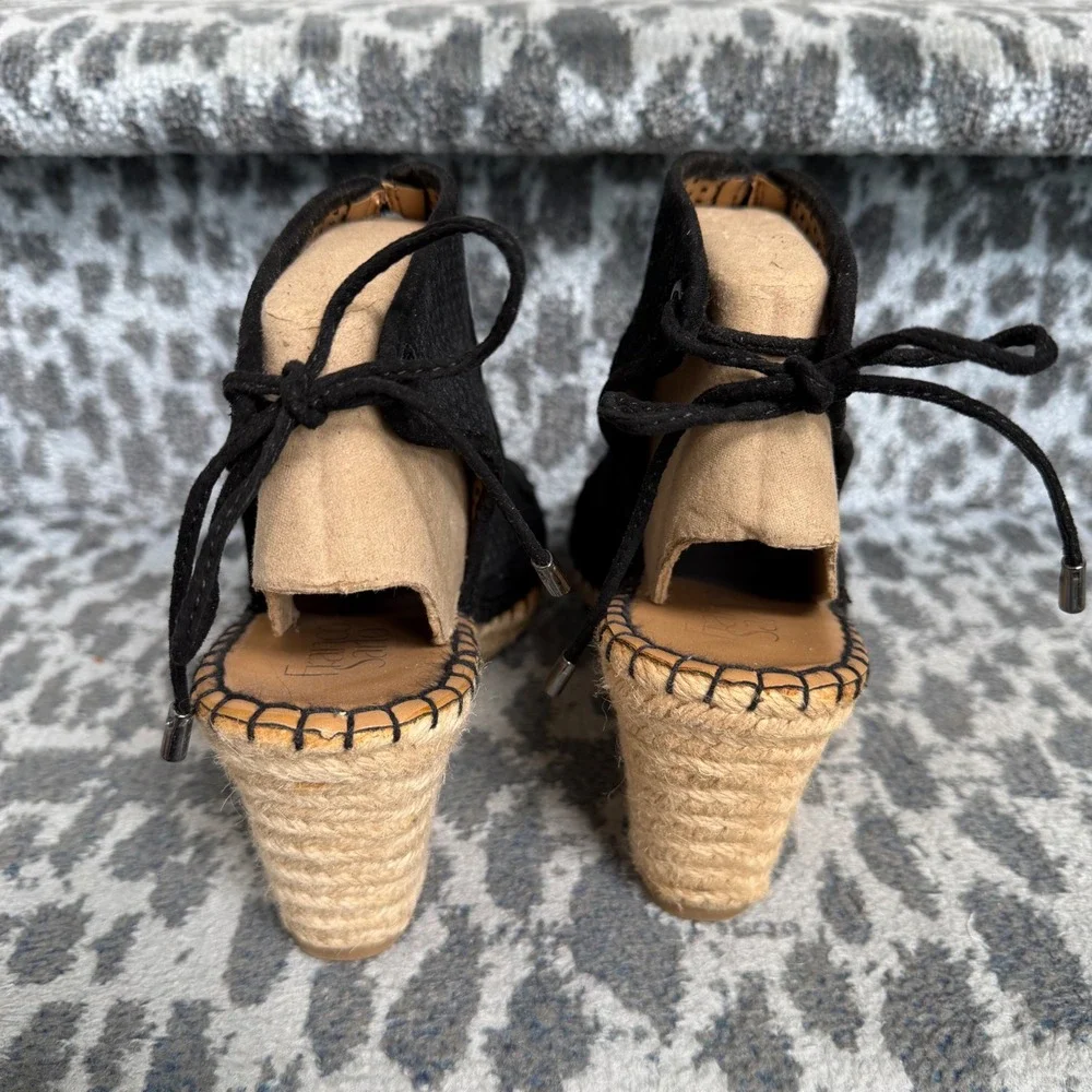 Franco Sarto Nash Black Perforated Leather Espadrille Wedge Sandals Womens 8.5M